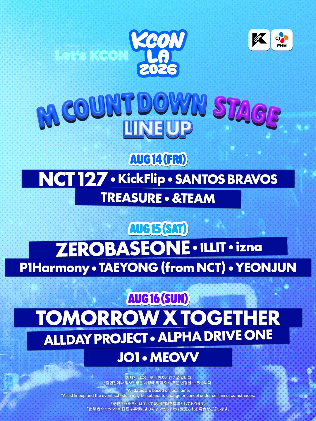 KCON LA 2026 M COUNTDOWN STAGE Daily Lineup featuring NCT 127, ZEROBASEONE, and TXT as headliners